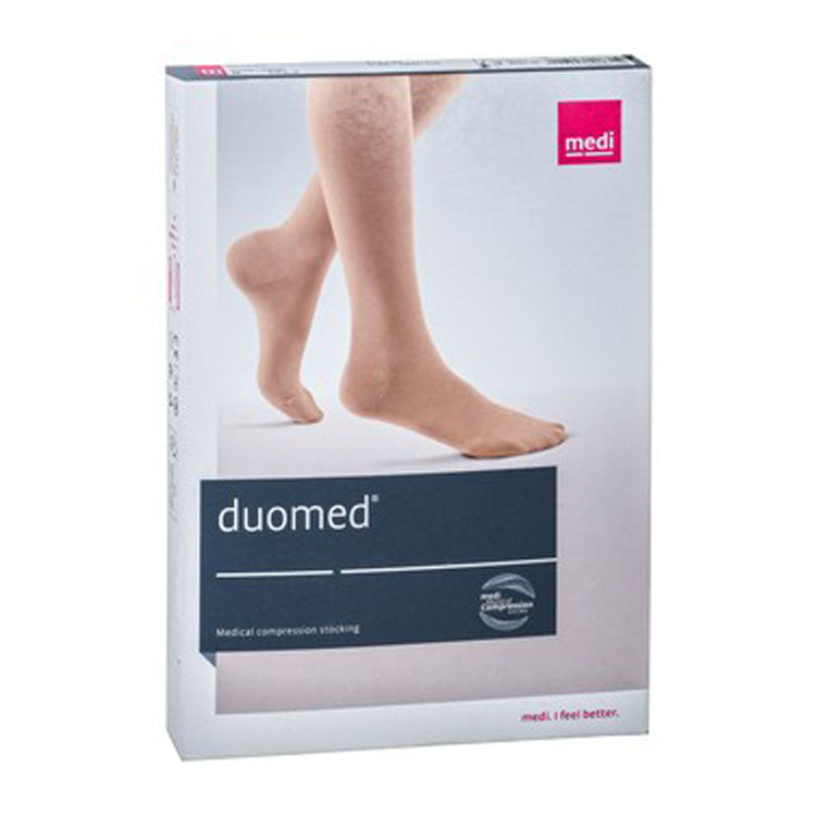 جوارب ضغط ميدي دوميد متوسطة اللون بيج اللون، تصل إلى منتصف الساق، مفتوحة من الأمام، من الفئة الثانية