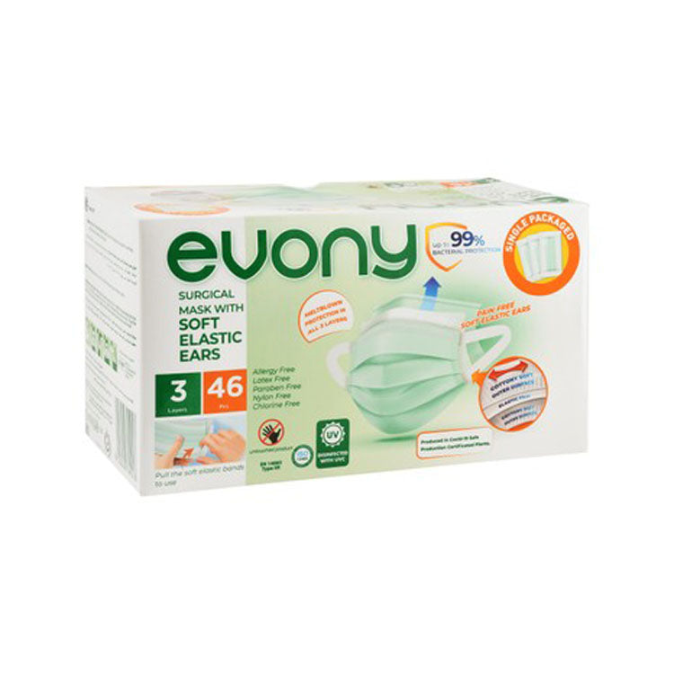Evony Surgical Masks with Soft Elastic Ears 3ply - Allergy Free, Latex Free, parabens Free
