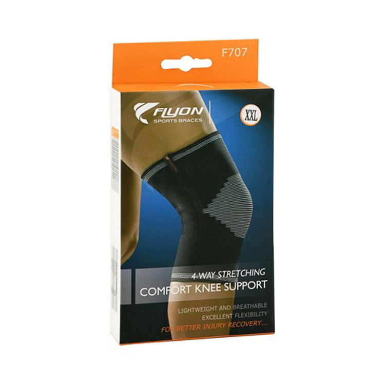 دعامة ركبة Flyon مقاس 2XL باللونين الأسود والأبيض قابلة للتمدد في أربعة اتجاهات