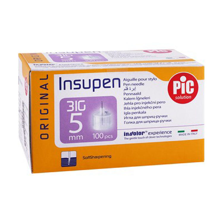 إبر قلم الأنسولين الأصلية المعقمة من Pic Solution Insupen، مقاس 5 مم، 31G - خالية من اللاتكس