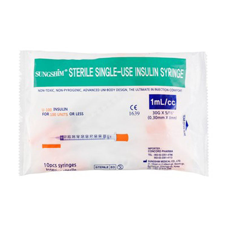Sungshim 30g 1ml/cc Insulin Syringes with Sterile Interior - non toxic, non pyrogenic