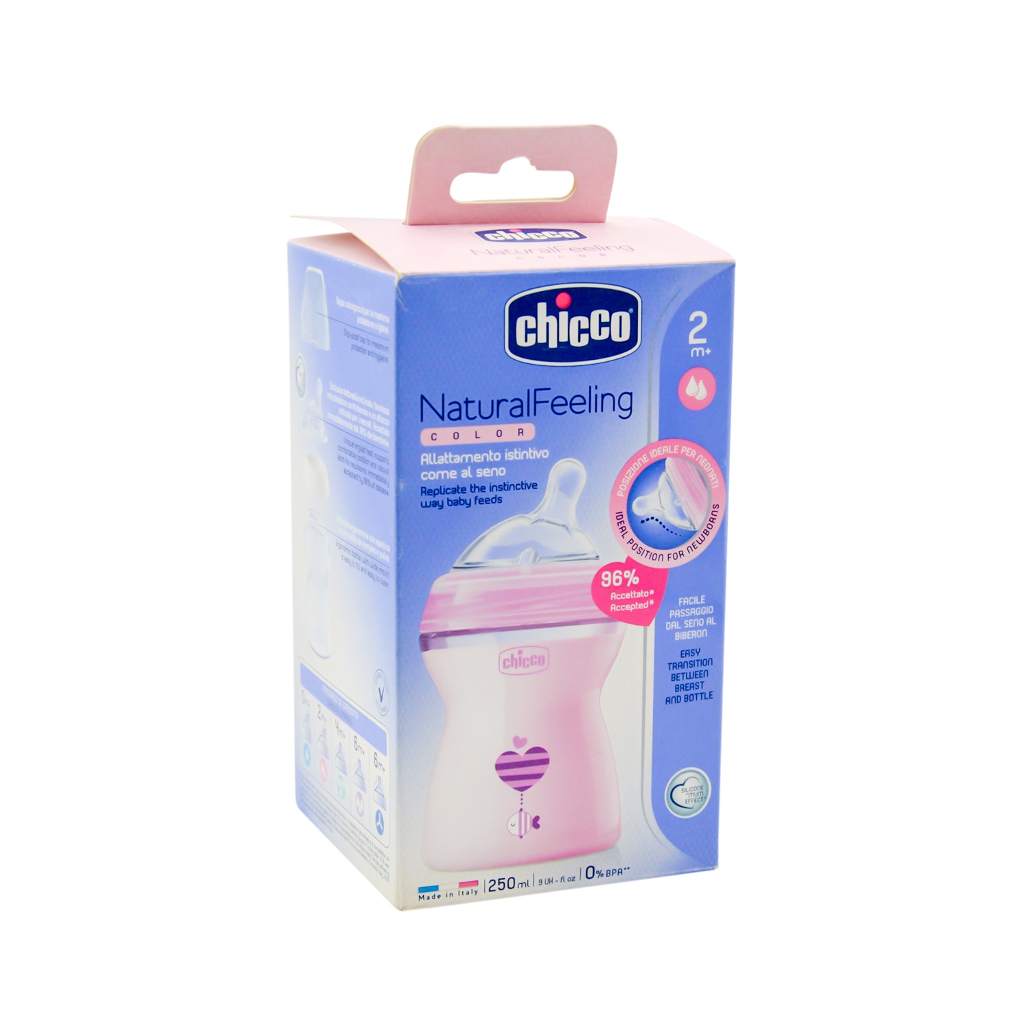 زجاجة رضاعة شيكو ناتشورال فيلينج بينك سعة 250 مل (لعمر شهرين فأكثر) - خالية من مادة BPA