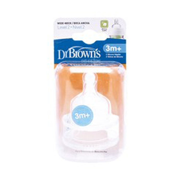 Dr. Brown's Silicon Nipples Natural Flow for Wide Neck Bottles Level 2 (3+ Months) - BPA free 2 per pack