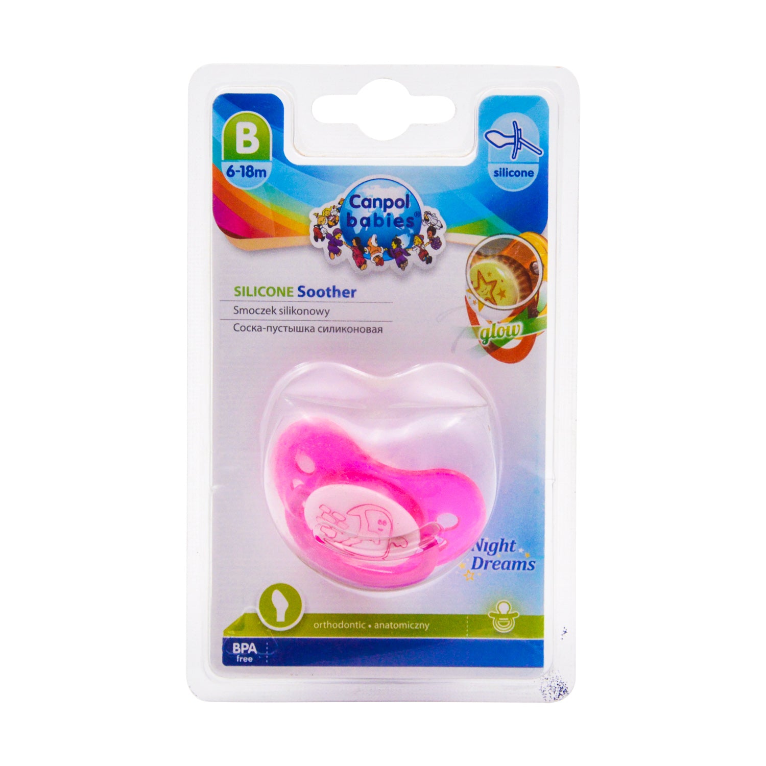 Canpol Babies Pink Glow in the Dark Silicone Orthodontic Soother Stage 2 (6-18 Months) - BPA free