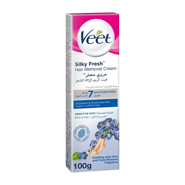 Veet Silky Fresh Exfoliating & Moisturizing Body & Leg Hair Removal Cream Violet Blossom Scent with Aloe Vera Extract for Sensitive Skin