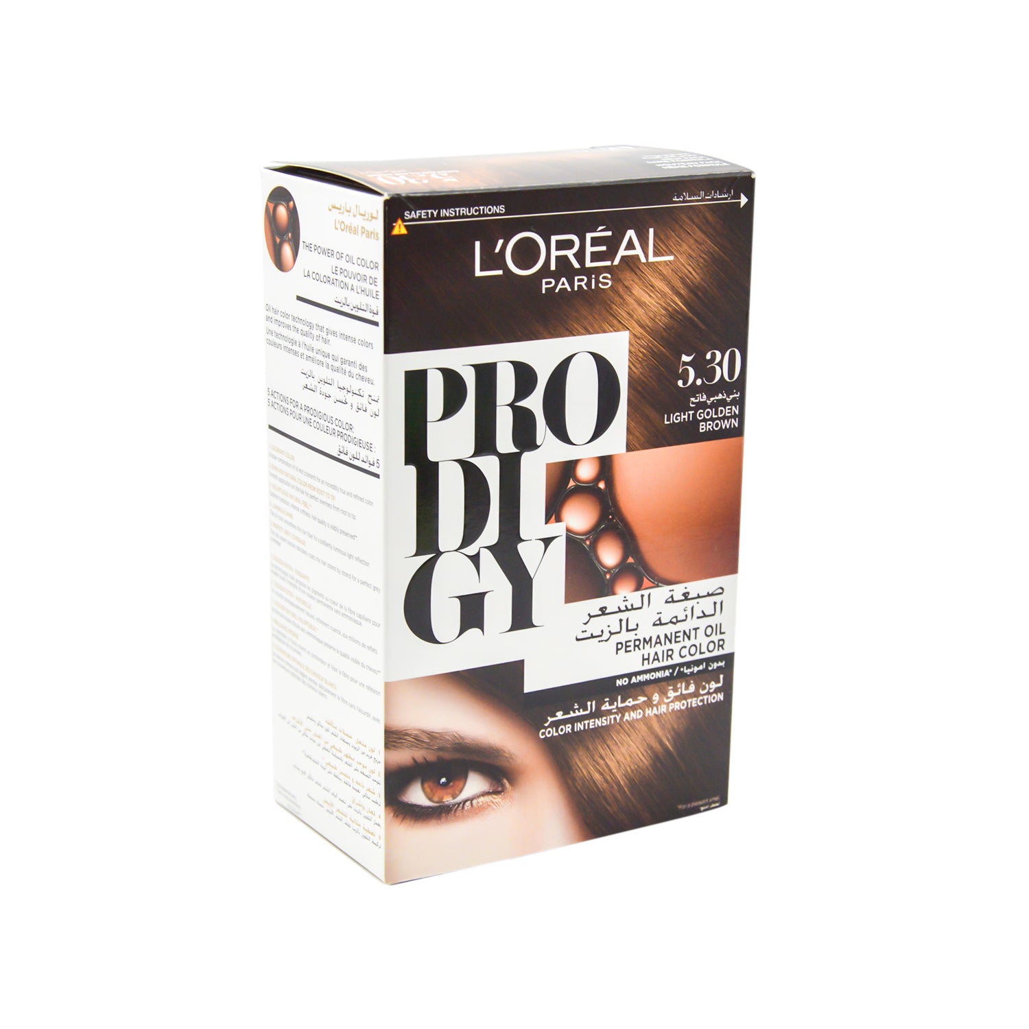 صبغة الشعر الدائمة لوريال بروديجي الزيتية، لون بني ذهبي فاتح 5.30 - خالية من الأمونيا