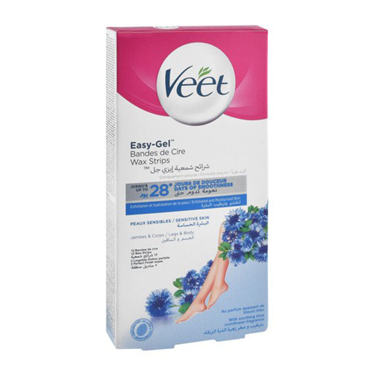 Veet Easy Gel Soothing Body & Legs Wax Strips Blue Cornflower Scent for Sensitive Skin with Finish Wipes