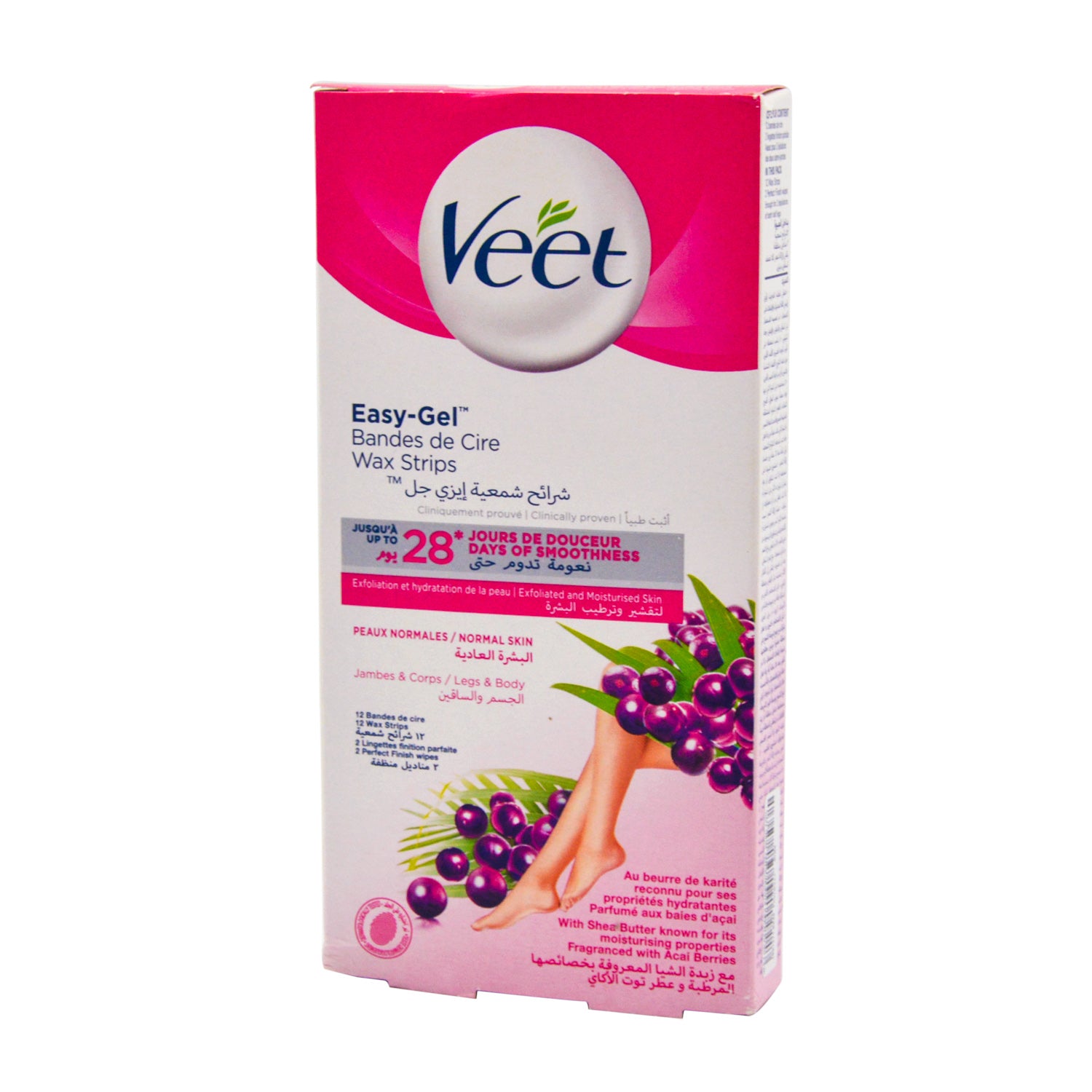 Veet Easy-Gel Moisturizing, Smoothing & Exfoliating Wax Strips Acai Berries Scent with Shea Butter for Normal Skin