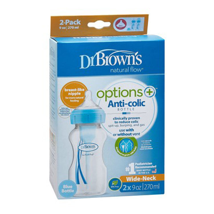 Dr. Brown's Options Blue 270ml Anti-Colic Natural Flow Wide Neck Feeding Bottle Stage 1 (0+ Months) - BPA free 2 per pack