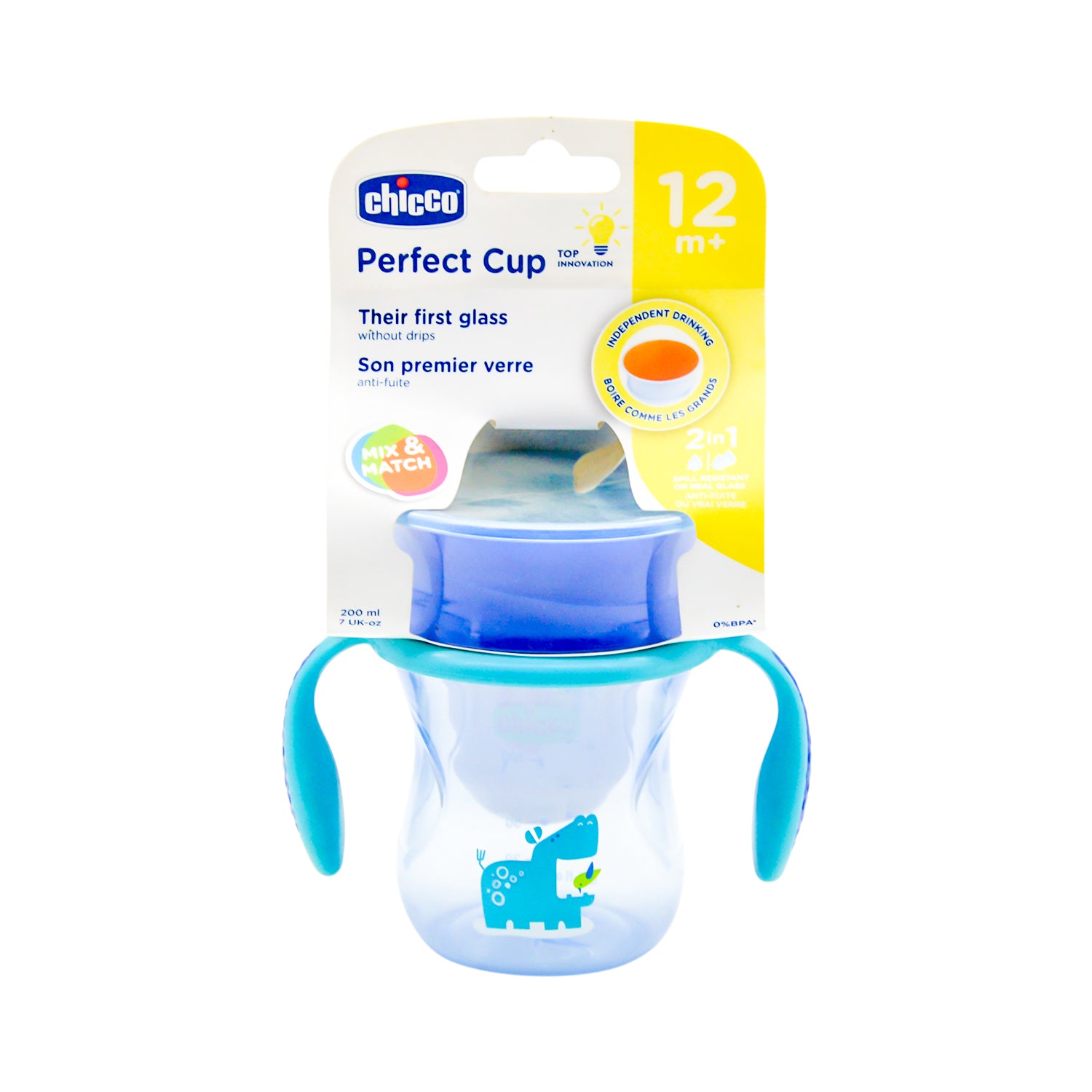 Chicco Perfect 2in1 Blue 200ml Free Flow Cup (12+ Months) - BPA free
