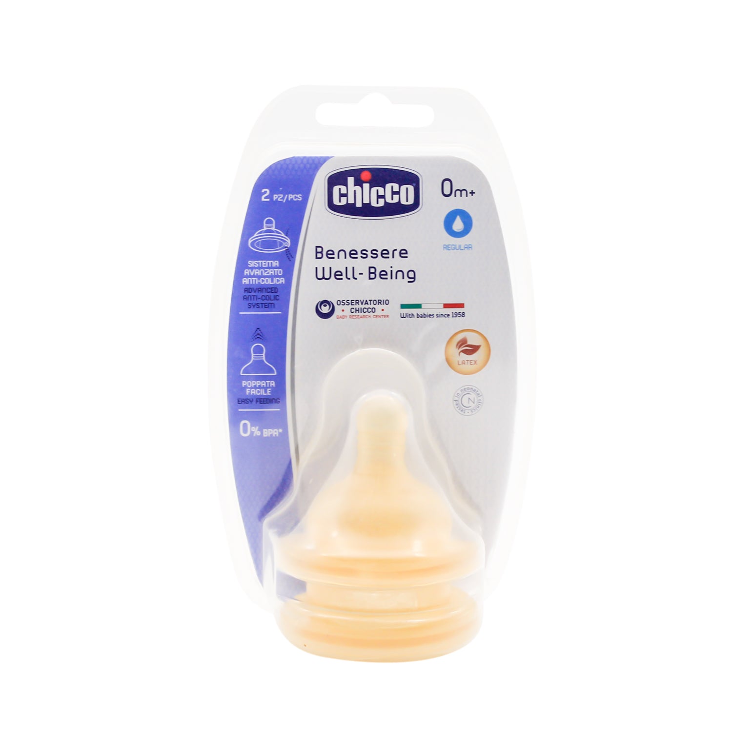 Chicco Well-Being Anti-Colic Regular Flow Latex Teats (0+ Months) - BPA free