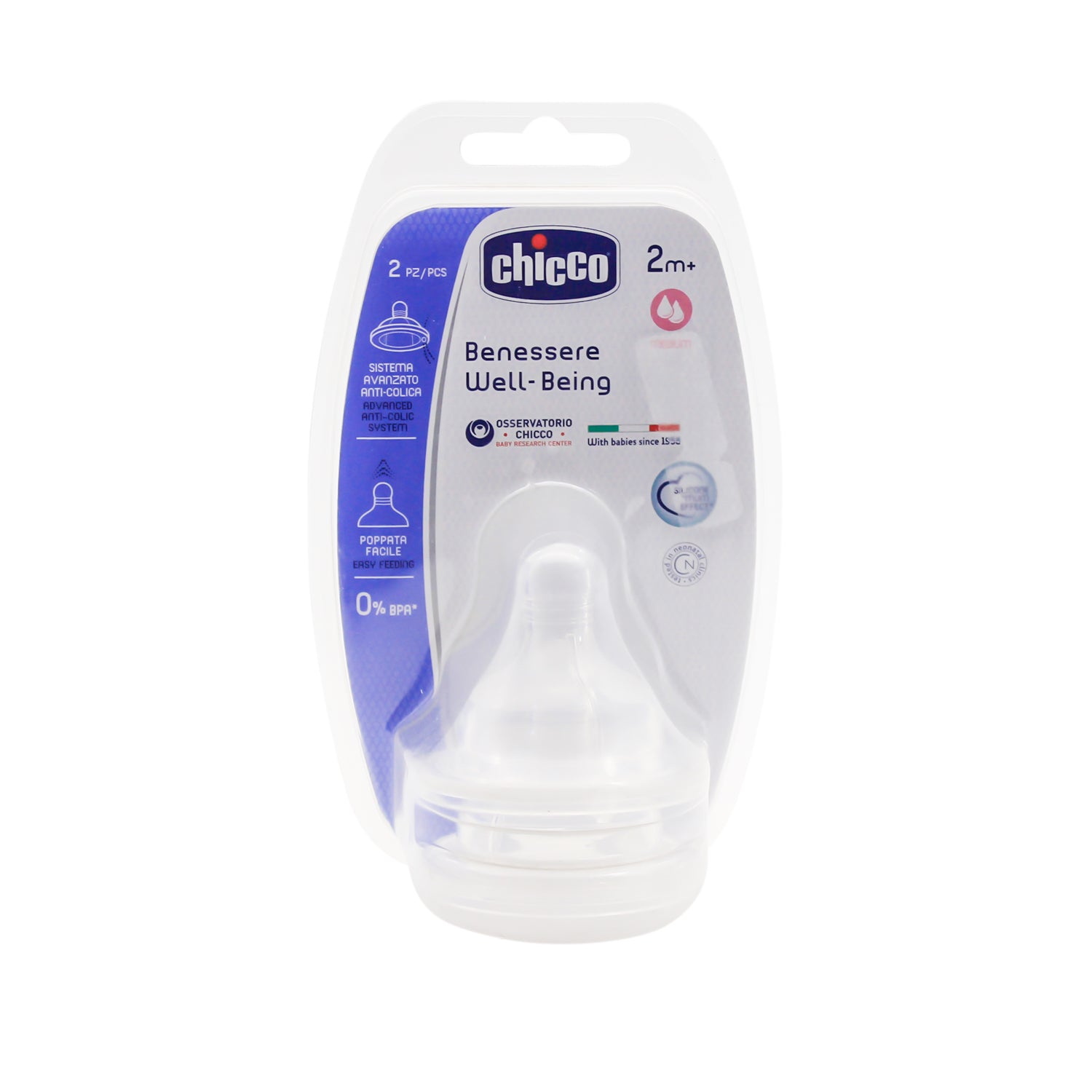 Chicco Well-Being Anti-Colic Silicone Nipples Medium Flow (2+ Months) - BPA free