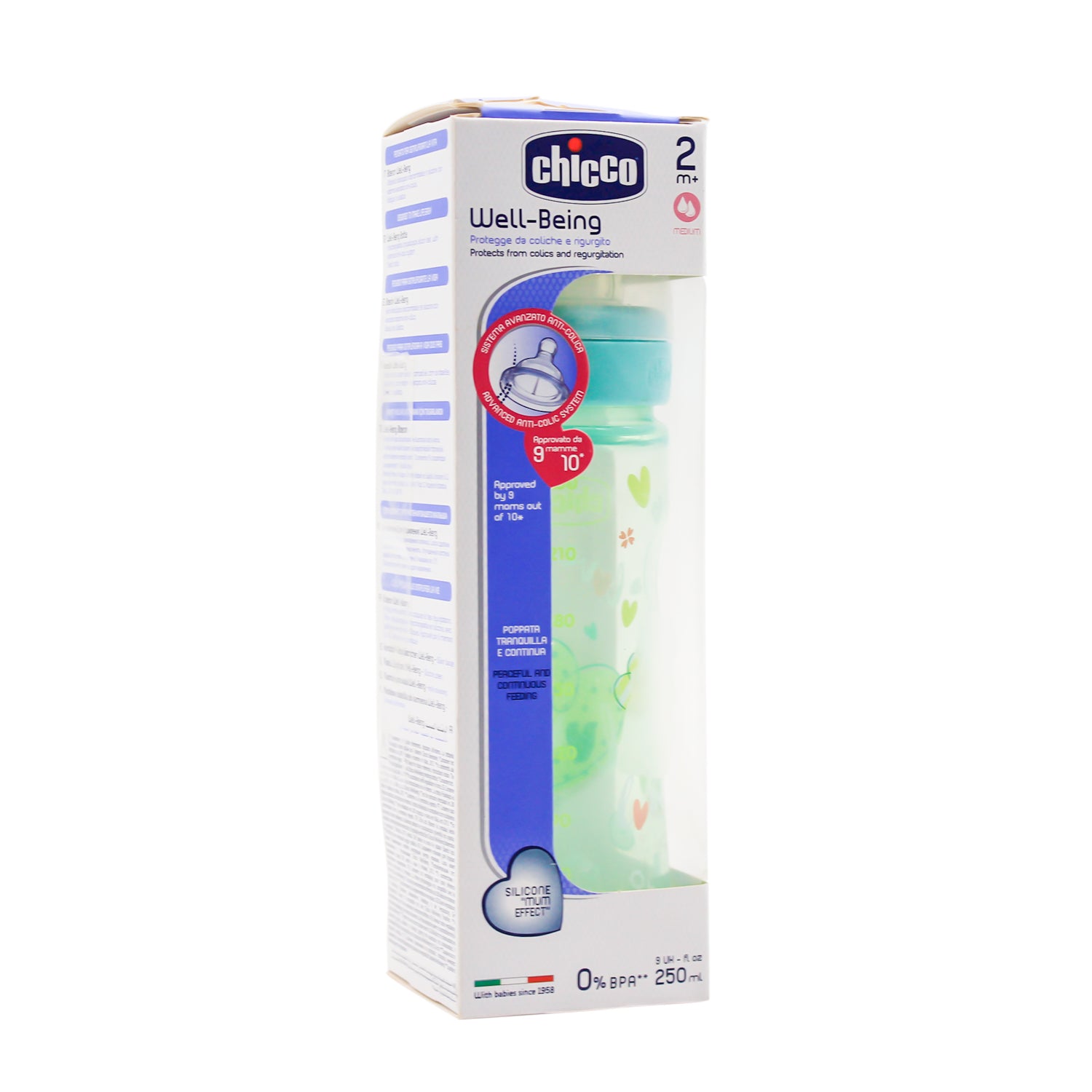 Chicco Well Being Blue Medium Flow 250ml Feeding Bottle (2+ Months) - BPA free