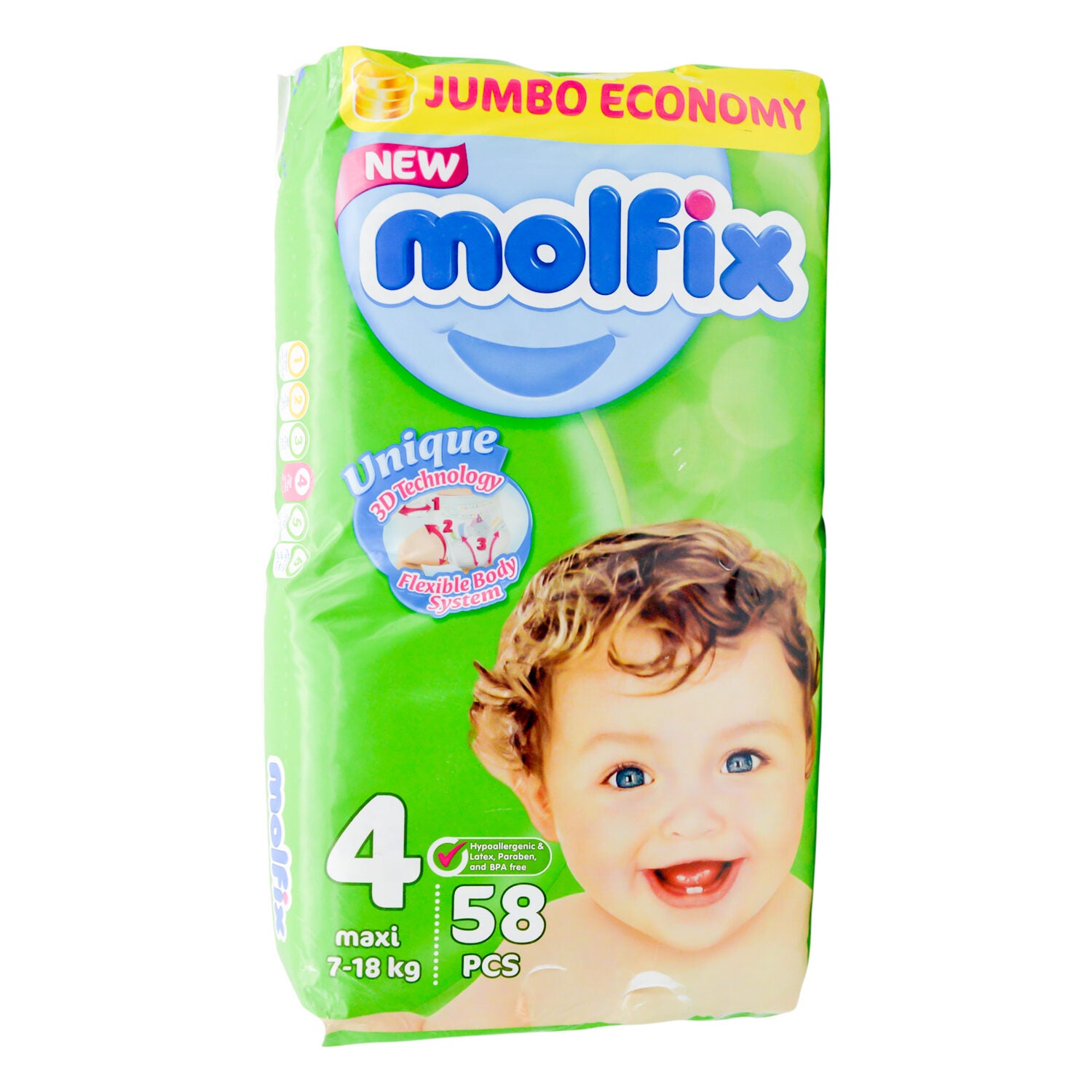حفاضات مولفيكس ماكسي للأطفال الرضع، مضادة للحساسية، مقاس 4 (7-18 كجم) - خالية من مادة BPA، وخالية من اللاتكس، وخالية من البارابين