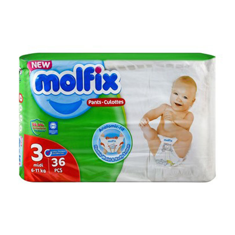 حفاضات مولفيكس للأطفال الرضع، مقاس متوسط ​​3 (6-11 كجم)، مع خلاصة الصبار والبابونج - خالية من مادة BPA، وخالية من اللاتكس، وخالية من البارابين
