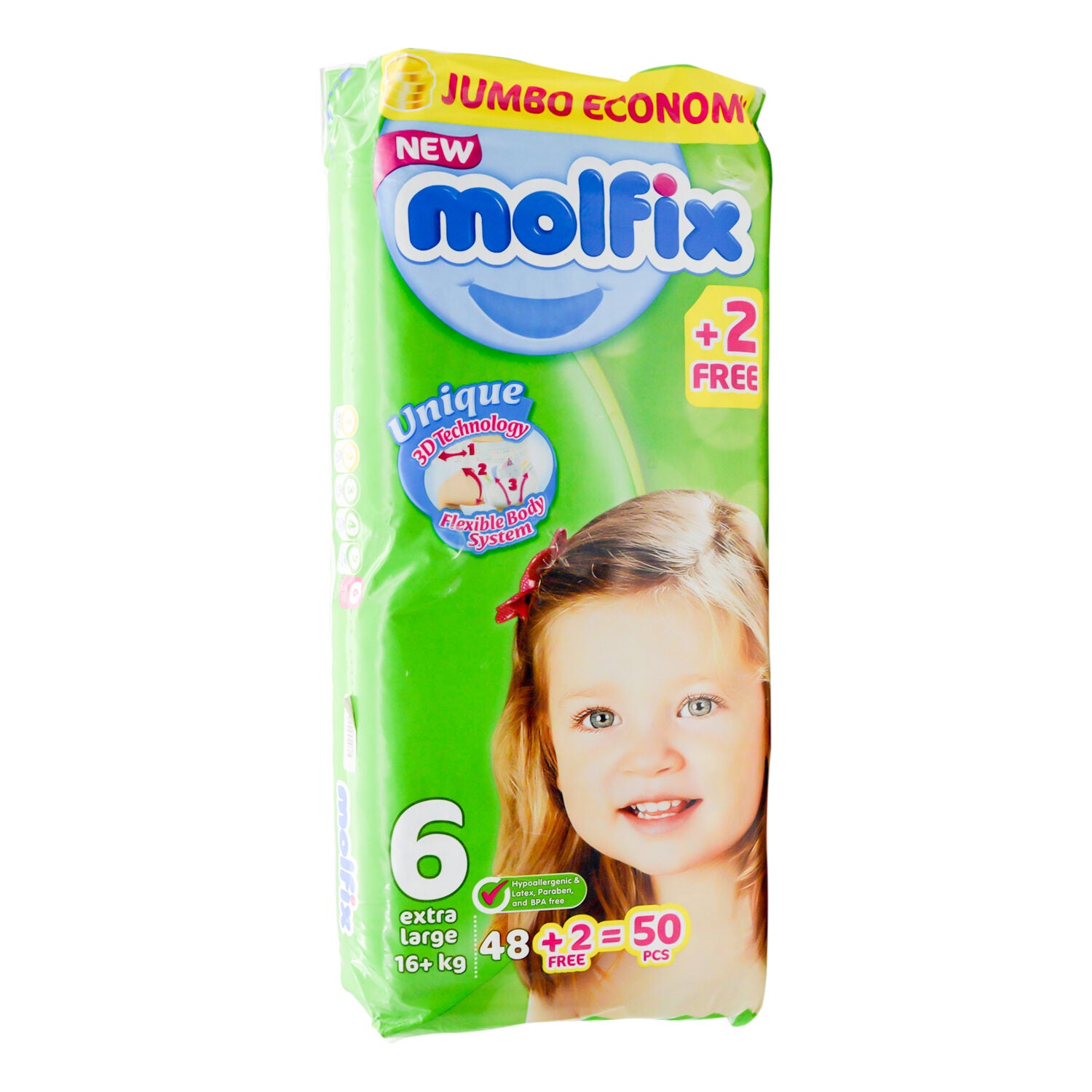 حفاضات مولفيكس للأطفال الرضع، مضادة للحساسية، مقاس XL، مقاس 6 (16+ كجم) - خالية من مادة BPA والبارابين