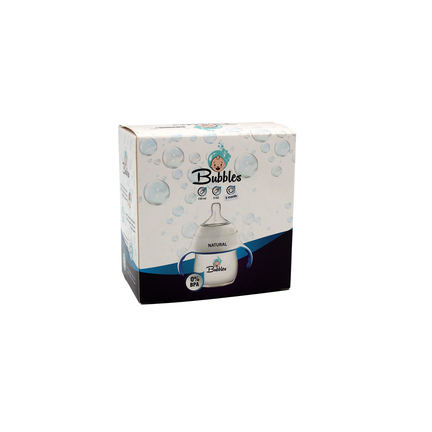 Bubbles Natural White & Blue 150ml Anti-Colic Nursing Bottle with Handle (4+ Months) - BPA free