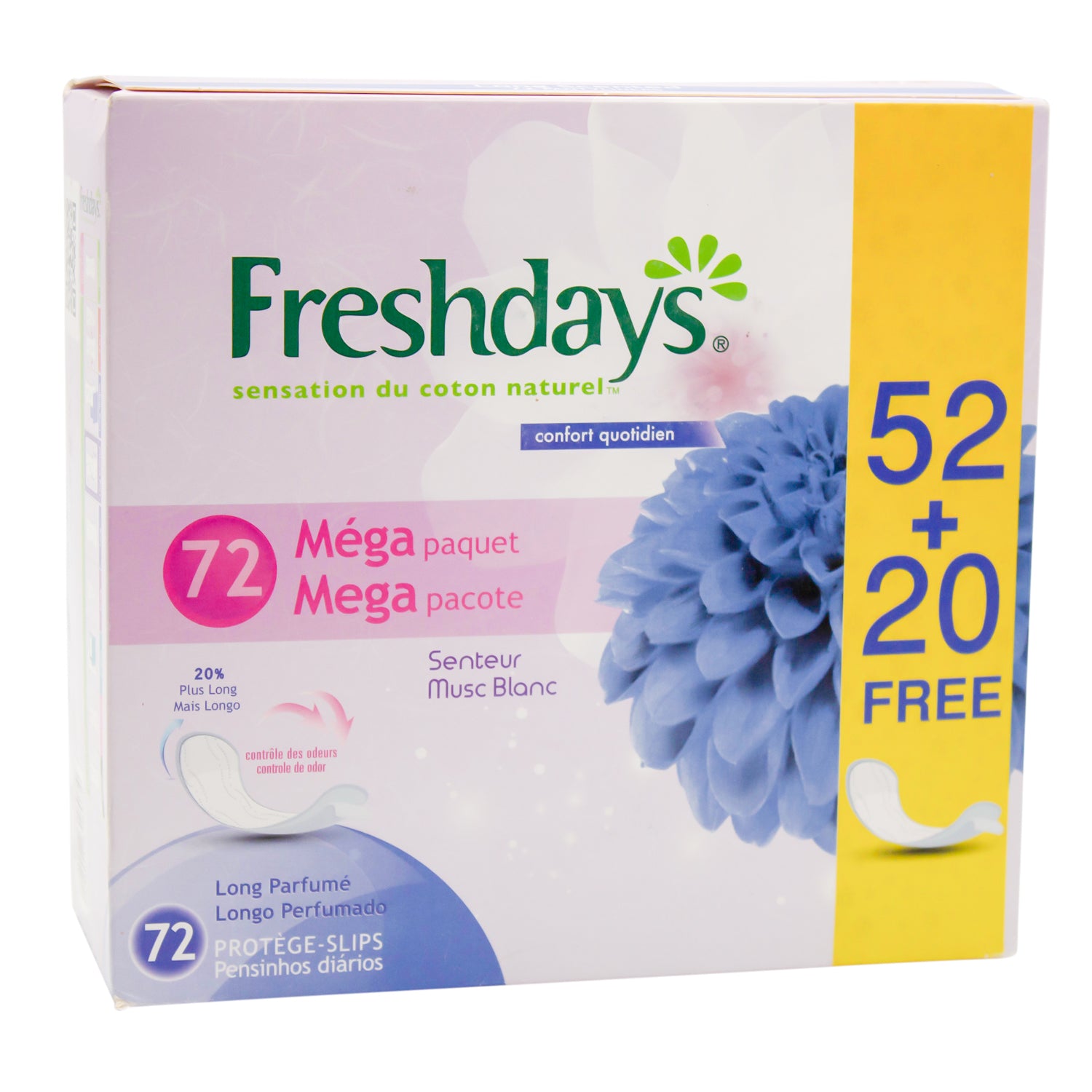 Freshdays Natural Cotton Feel Hypoallergenic Long Pantyliners White Musk Scent (52+20 Free)
