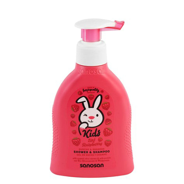 Sanosan Kids 2in1 Shower Gel & Shampoo Raspberry Scent with Organic Olive Extract & Milk Protein - SLS free, parabens free, microplastic free