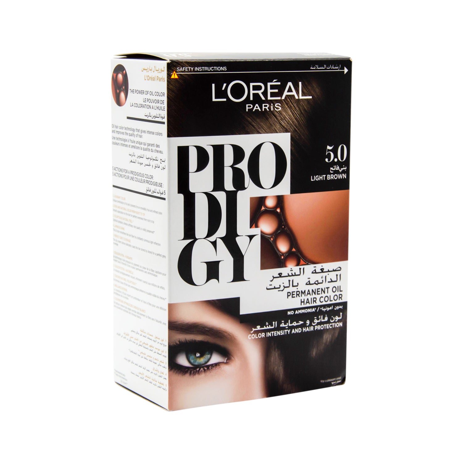 صبغة الشعر الدائمة لوريال بروديجي بالزيت، لون بني فاتح 5.0 - خالية من الأمونيا