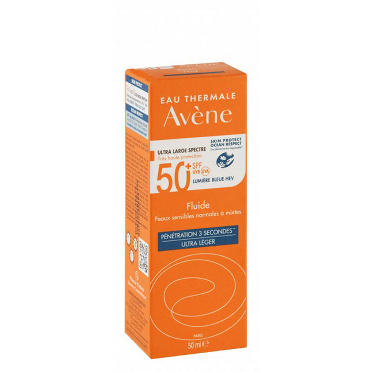 Avene Eau Thermale Water-Resistant Broad Spectrum Ultra Light Facial Sunscreen Fluid for Normal, Combination & Sensitive Skin SPF50+ - non comedogenic