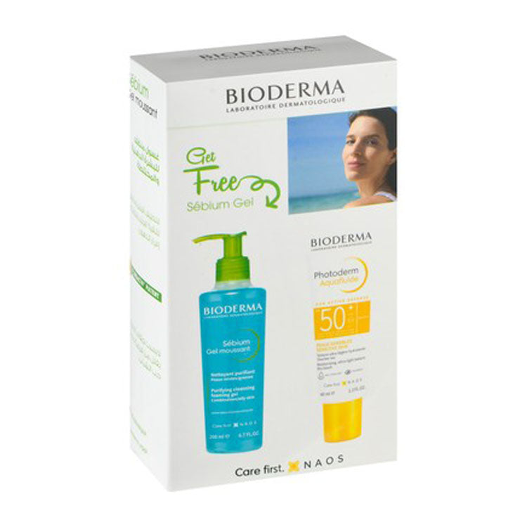 واقي الشمس المرطب فائق الخفة للوجه من بيوديرما فوتوديرم أكوافلويد للبشرة الحساسة بعامل حماية من الشمس 50+ (40 مل) وجل رغوي لتنظيف وتنقية البشرة الدهنية والمختلطة خالي من الدهون (200 مل)