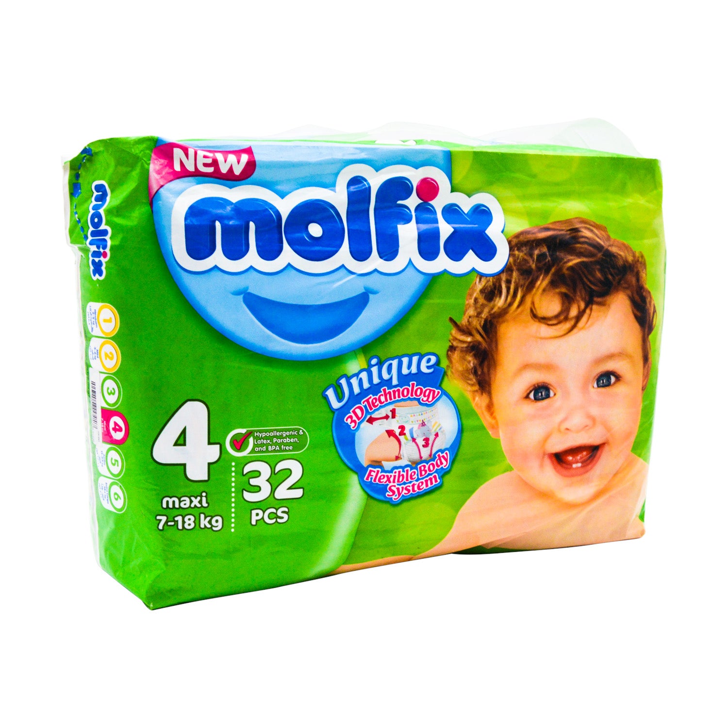 Molfix Hypoallergenic Maxi Baby Diapers Size 4 (7-18kg) - BPA free, parabens free, latex free