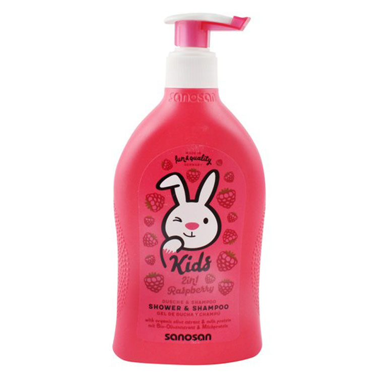 Sanosan Kids 2in1 Shower & Shampoo Gel Raspberry Scent with Organic Olive Oil Extract & Milk Protein - SLS free, SLES free, microplastics free
