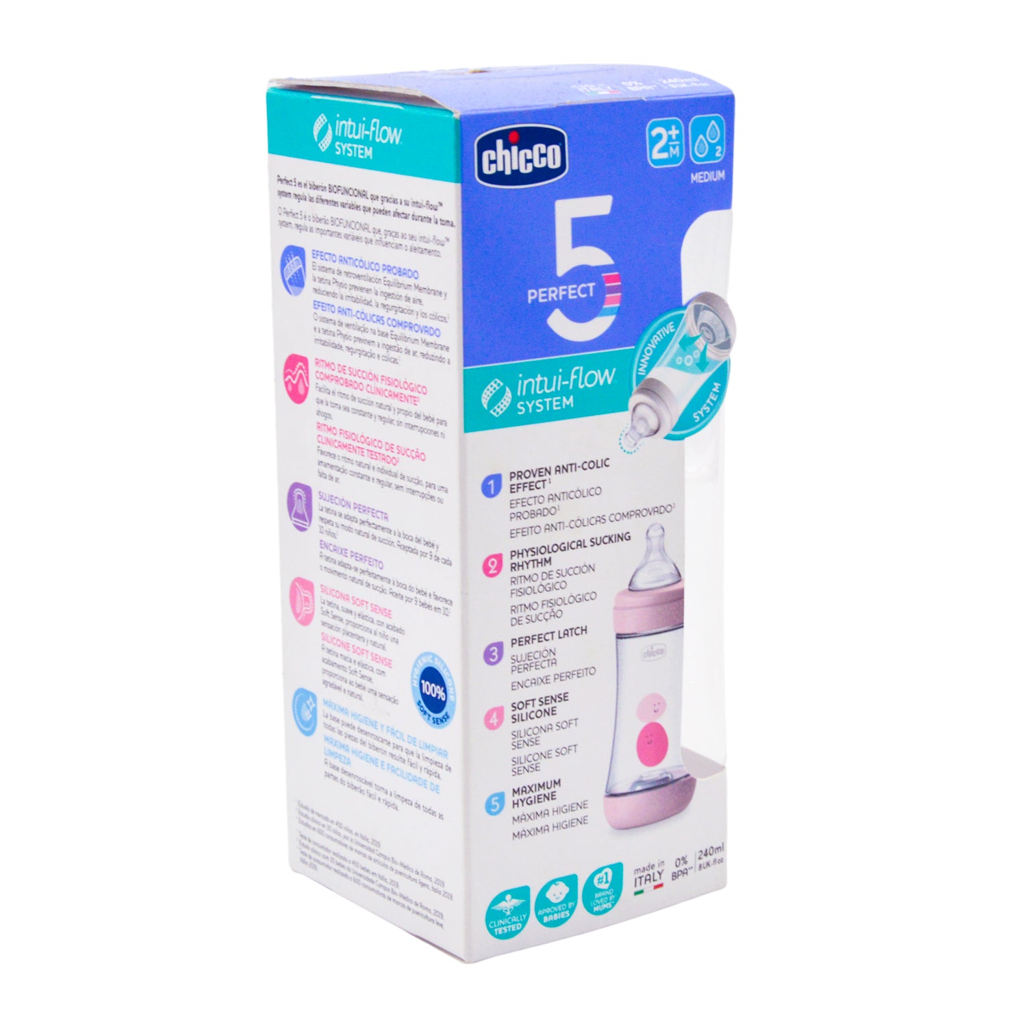 Chicco Perfect 5 Intui-Flow Pink 240ml Anti-Colic Medium Flow Nursing Bottle (2+ Months) - BPA free