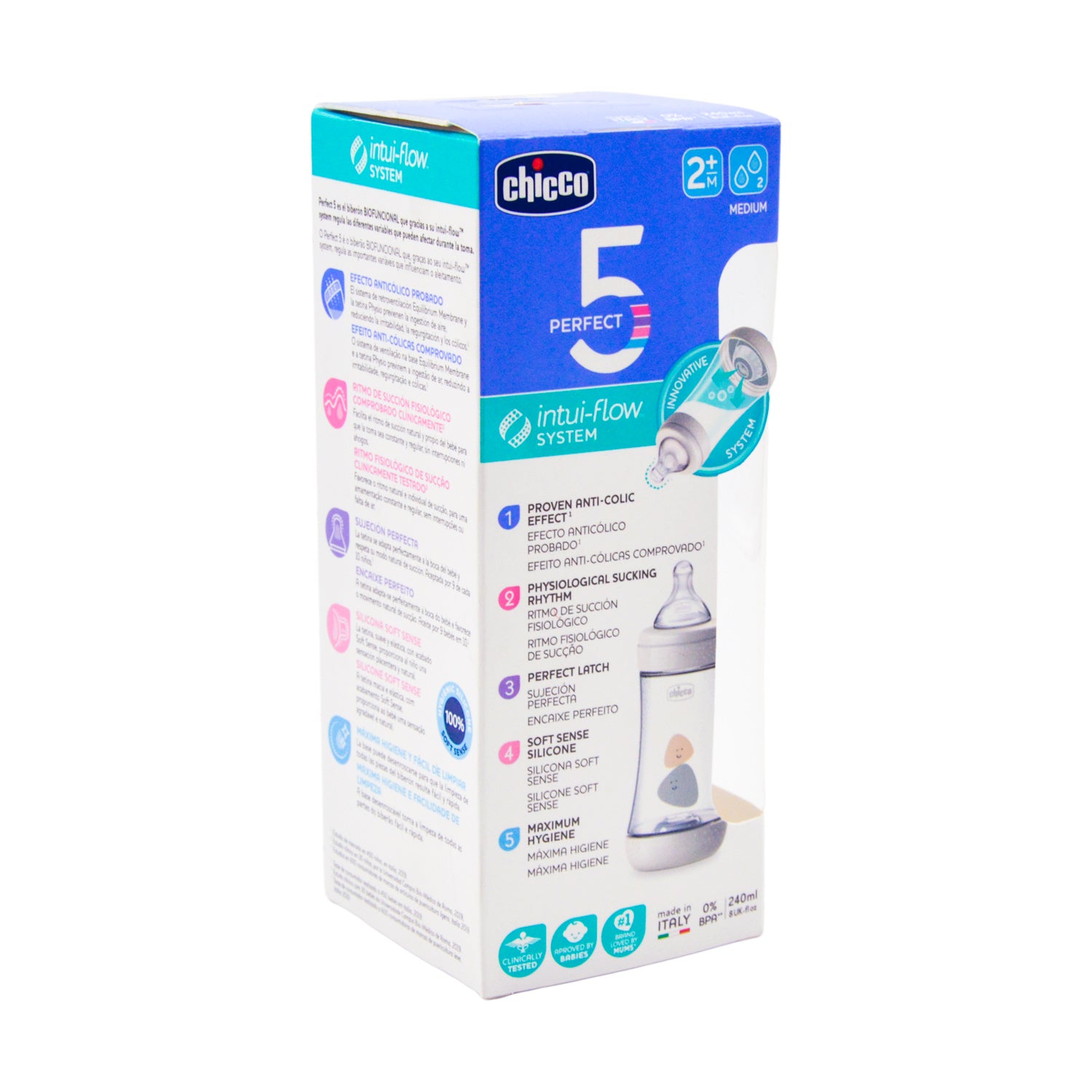 Chicco Perfect 5 White 240ml Anti-Colic Medium Flow Feeding Bottle (2+ Months) - BPA free