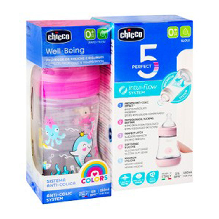 Chicco Perfect 5 & Well Being Pink 150ml Anti-Colic Slow Flow Feeding Bottles (0+ Months) - BPA free 2 per pack