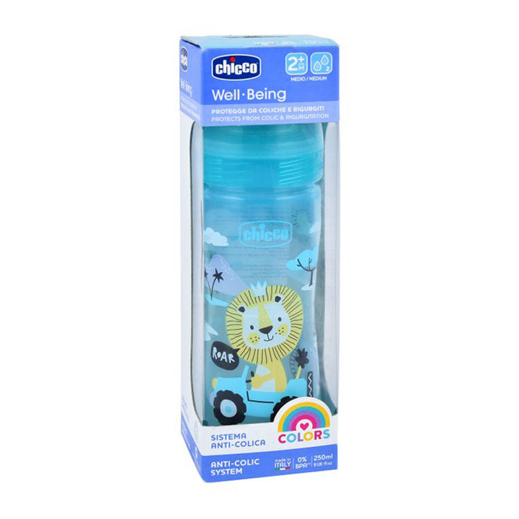 Chicco Well-Being Blue 250ml Anti-Colic Medium Flow Plastic Feeding Bottle (2+ Months) - BPA free