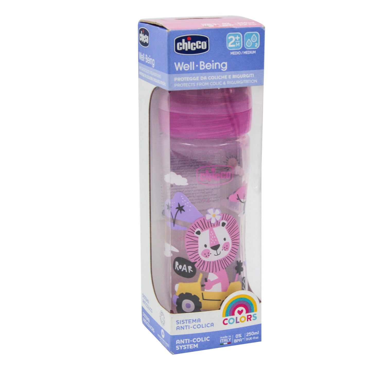 Chicco Well-Being Pink 250ml Anti-Colic Medium Flow Plastic Feeding Bottle (2+ Months) - BPA free