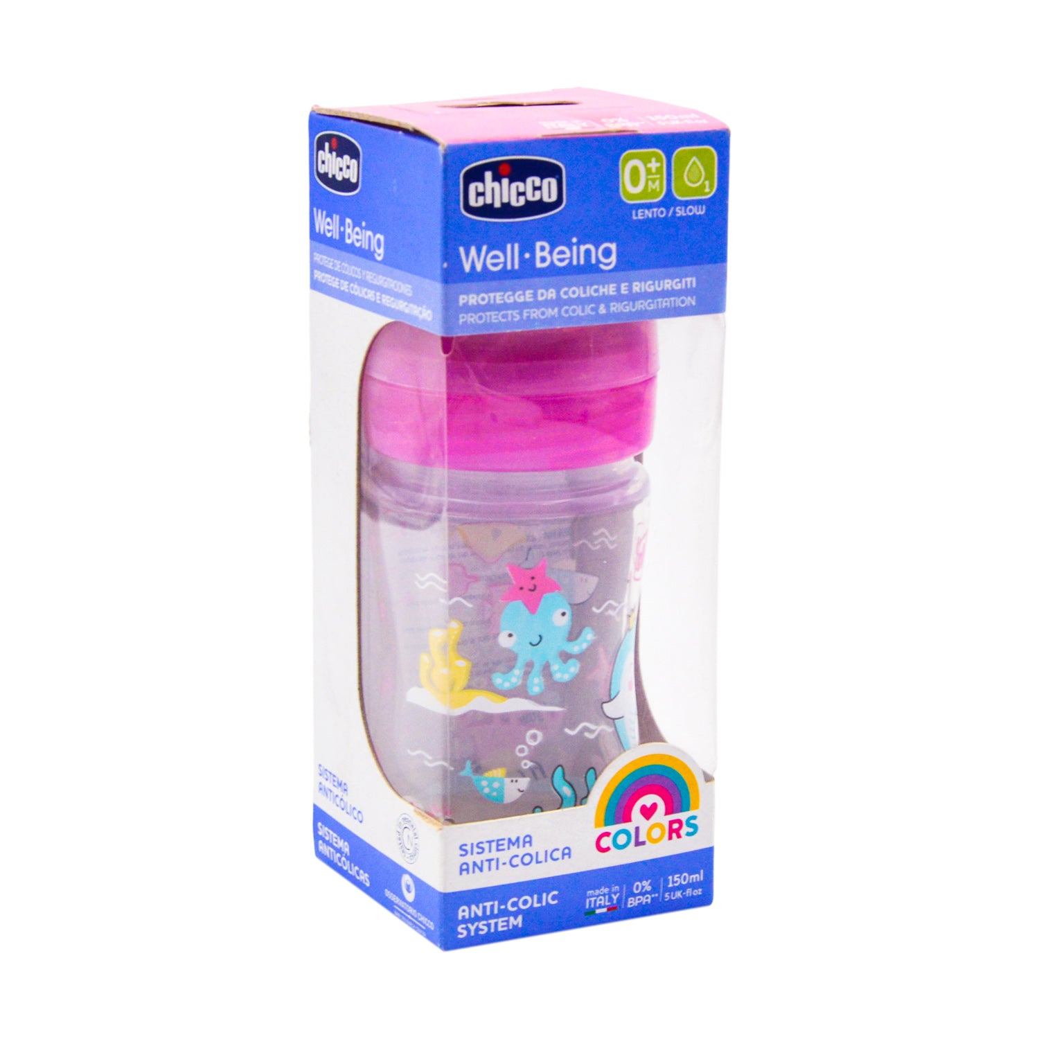 Chicco Well-Being Pink Slow Flow 150ml Anti-Colic Plastic Nursing Bottle (0+ Months) - BPA free