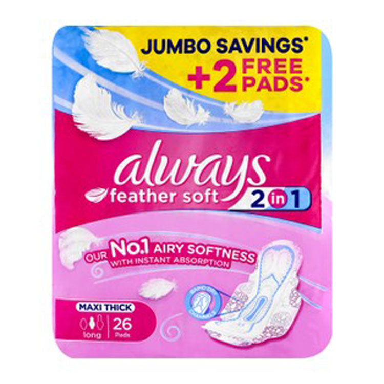 Always Feather Soft 2in1 Maxi Thick Long Pads with Wings (24+2 Free)