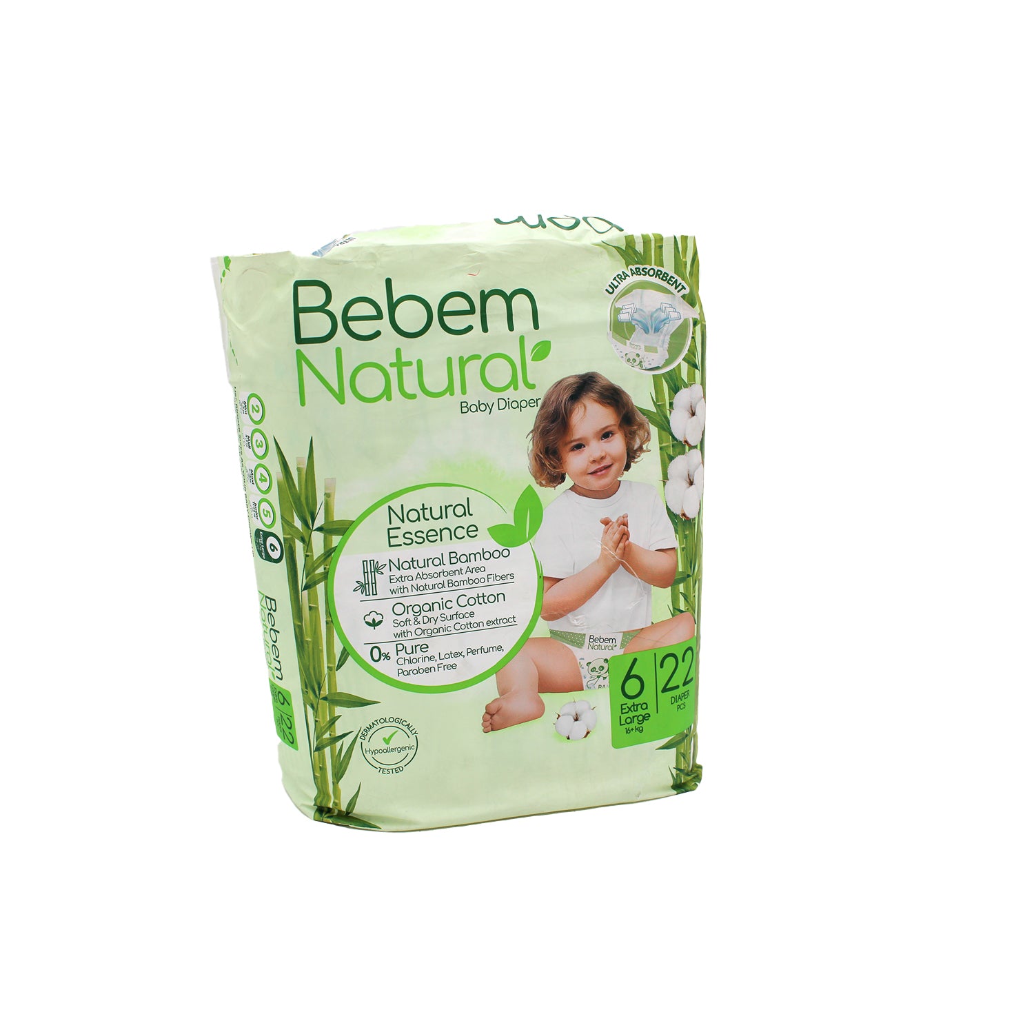 Bebem Natural Hypoallergenic XL Baby Diapers with Bamboo Extract Size 6 (16+ kg) - latex free, parabens free, perfume free