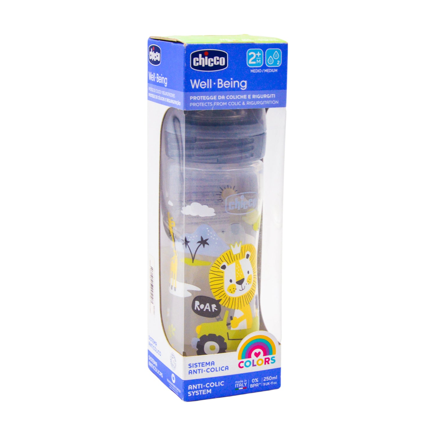 Chicco Well Being Multicolor 250ml Anti-Colic Medium Flow Nursing Bottle (2+ Months) - BPA free