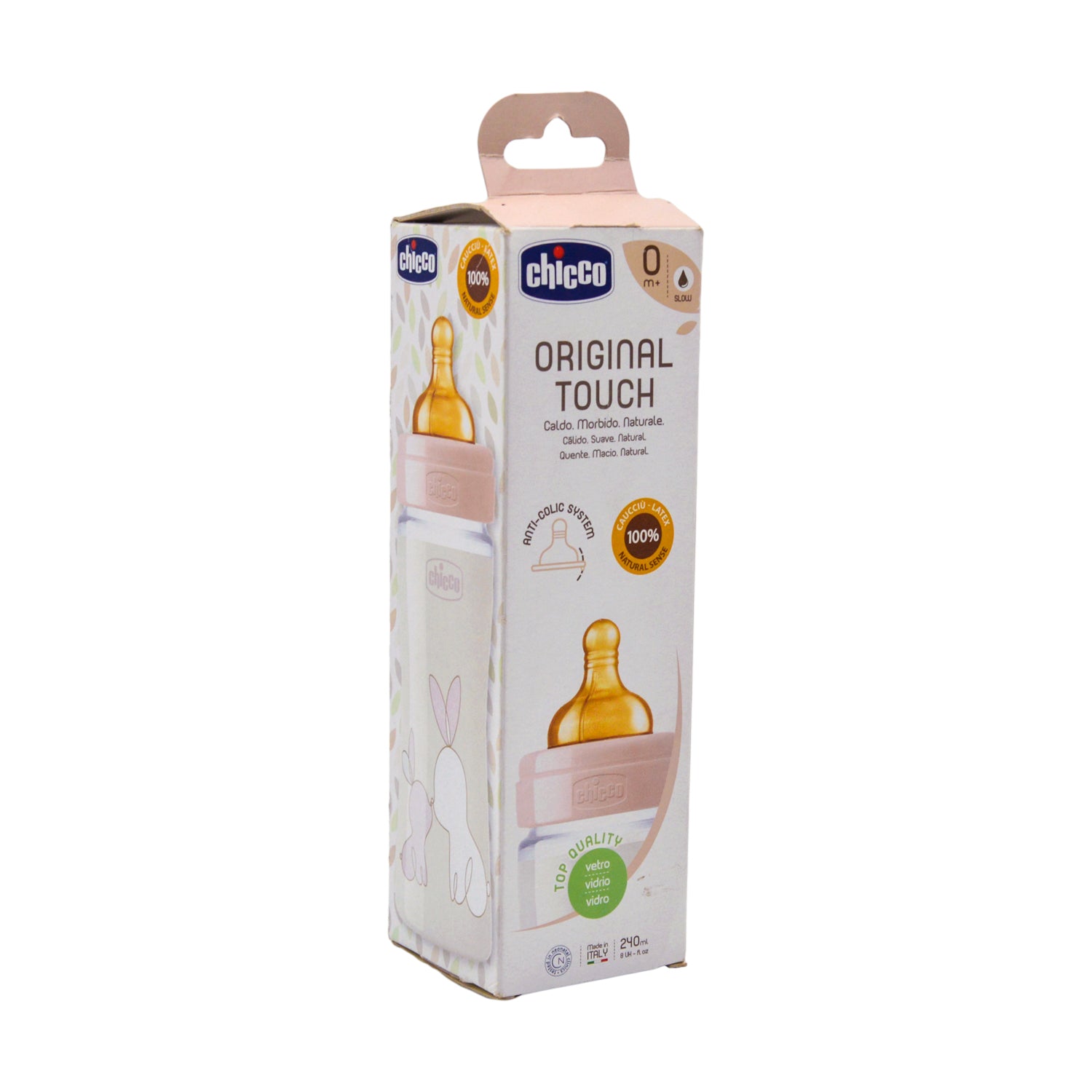 Chicco Original Touch Pink 240ml Anti-Colic Slow Flow Glass Feeding Bottle with Rubber Teat (0+ Months)