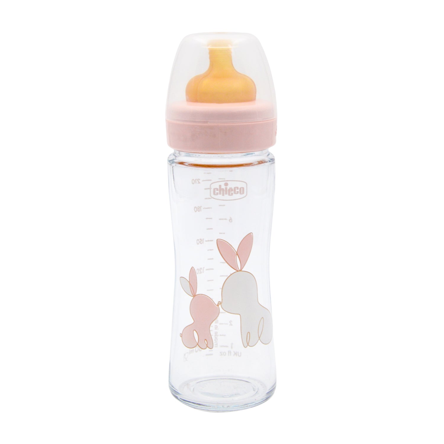 Chicco Original Touch Pink 240ml Anti-Colic Slow Flow Glass Feeding Bottle with Rubber Teat (0+ Months)