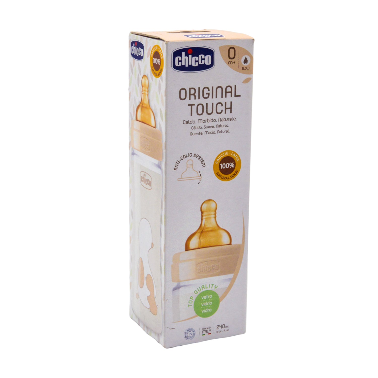 Chicco Original Touch Yellow 240ml Anti-Colic Slow Flow Glass Feeding Bottle with Rubber Teat (0+ Months)