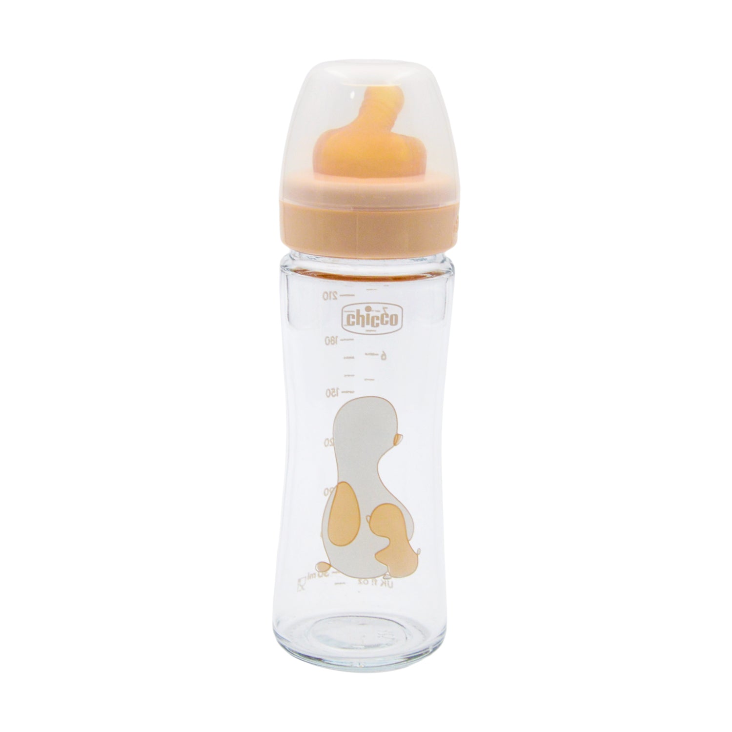 Chicco Original Touch Yellow 240ml Anti-Colic Slow Flow Glass Feeding Bottle with Rubber Teat (0+ Months)