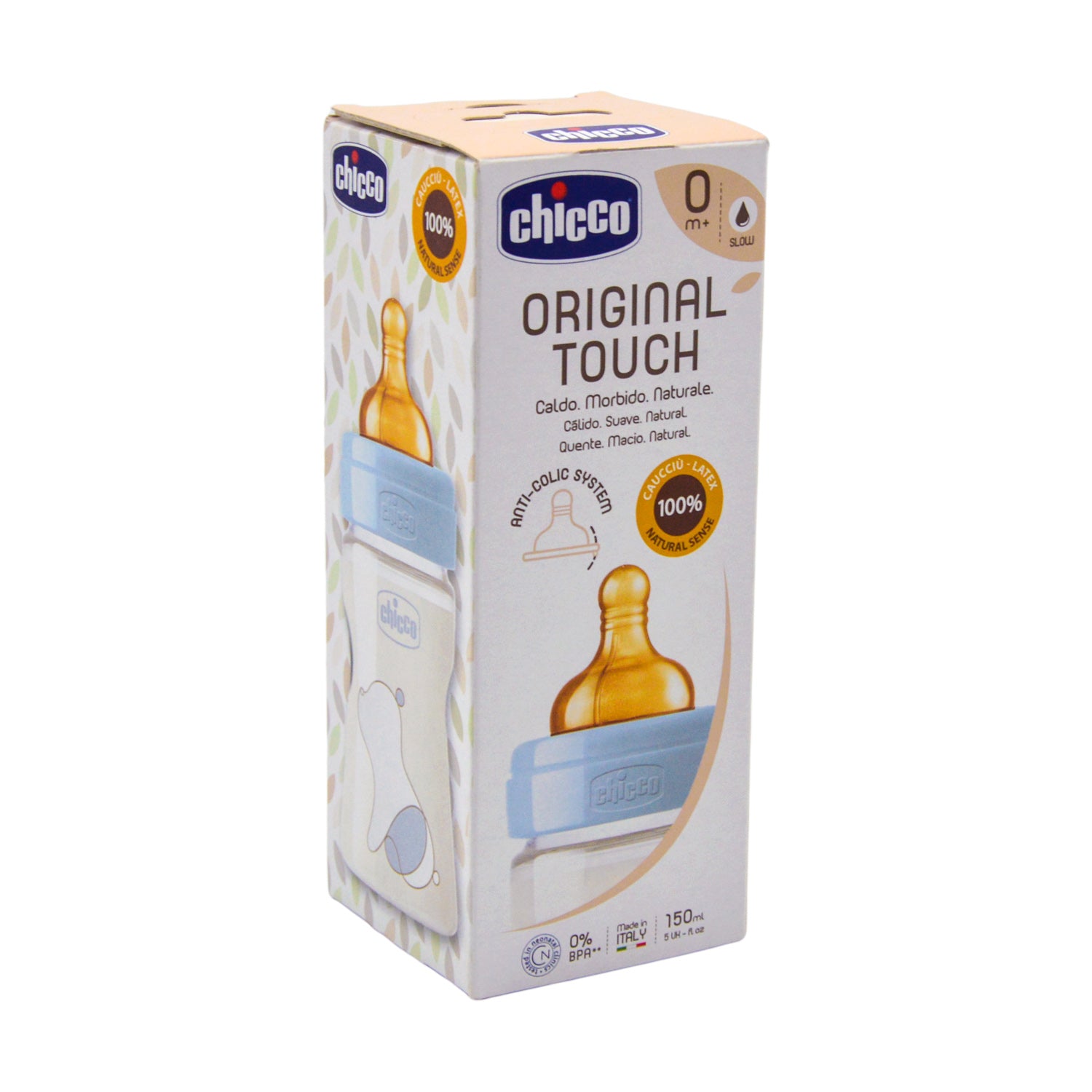 Chicco Original Touch Blue 150ml Anti-Colic Slow Flow Plastic Feeding Bottle with Rubber Teat (0+ Months) - BPA free