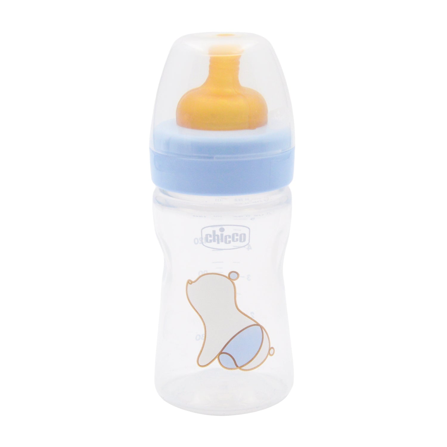 Chicco Original Touch Blue 150ml Anti-Colic Slow Flow Plastic Feeding Bottle with Rubber Teat (0+ Months) - BPA free