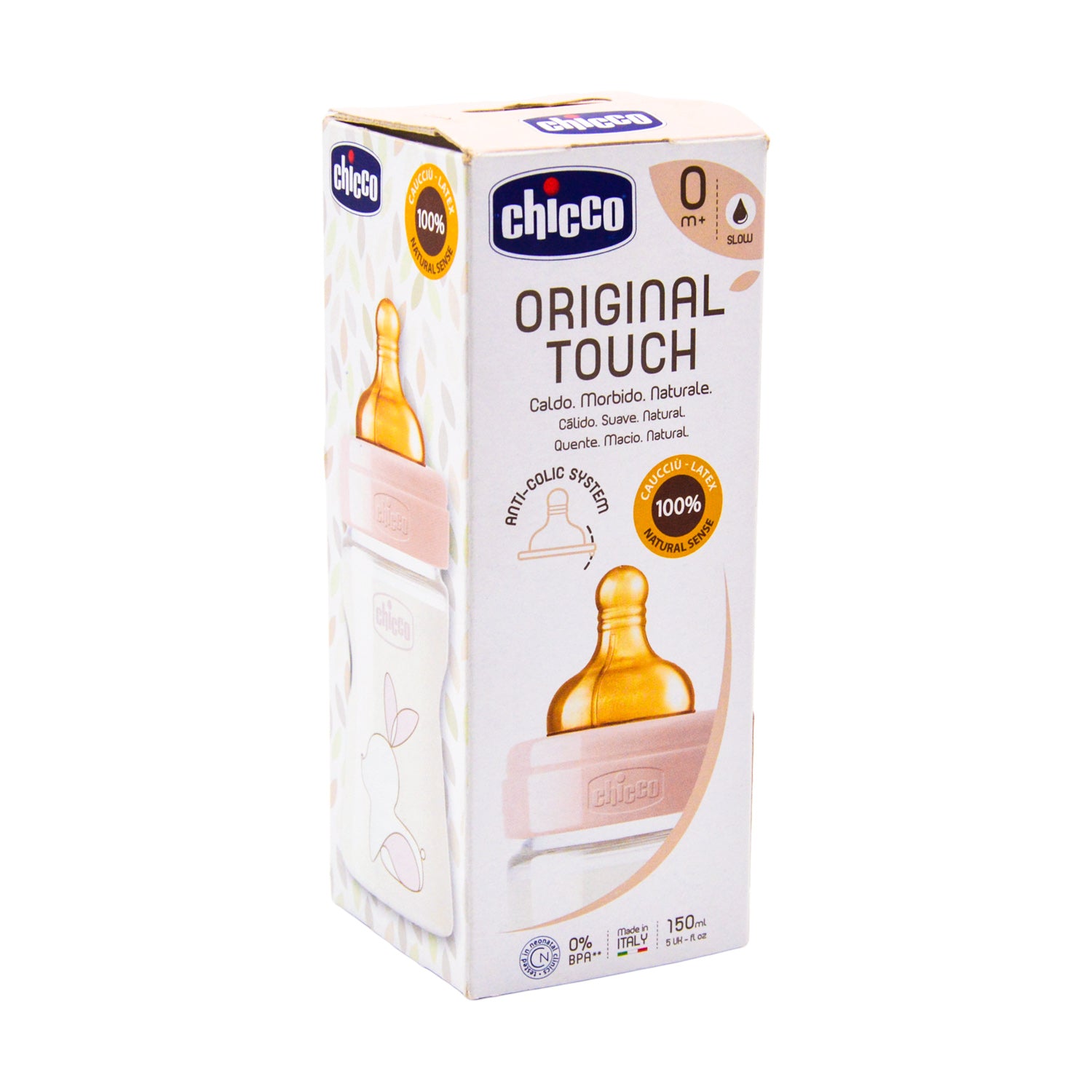 Chicco Original Touch Pink 150ml Anti-Colic Slow Flow Plastic Feeding Bottle with Rubber Teat (0+ Months) - BPA free