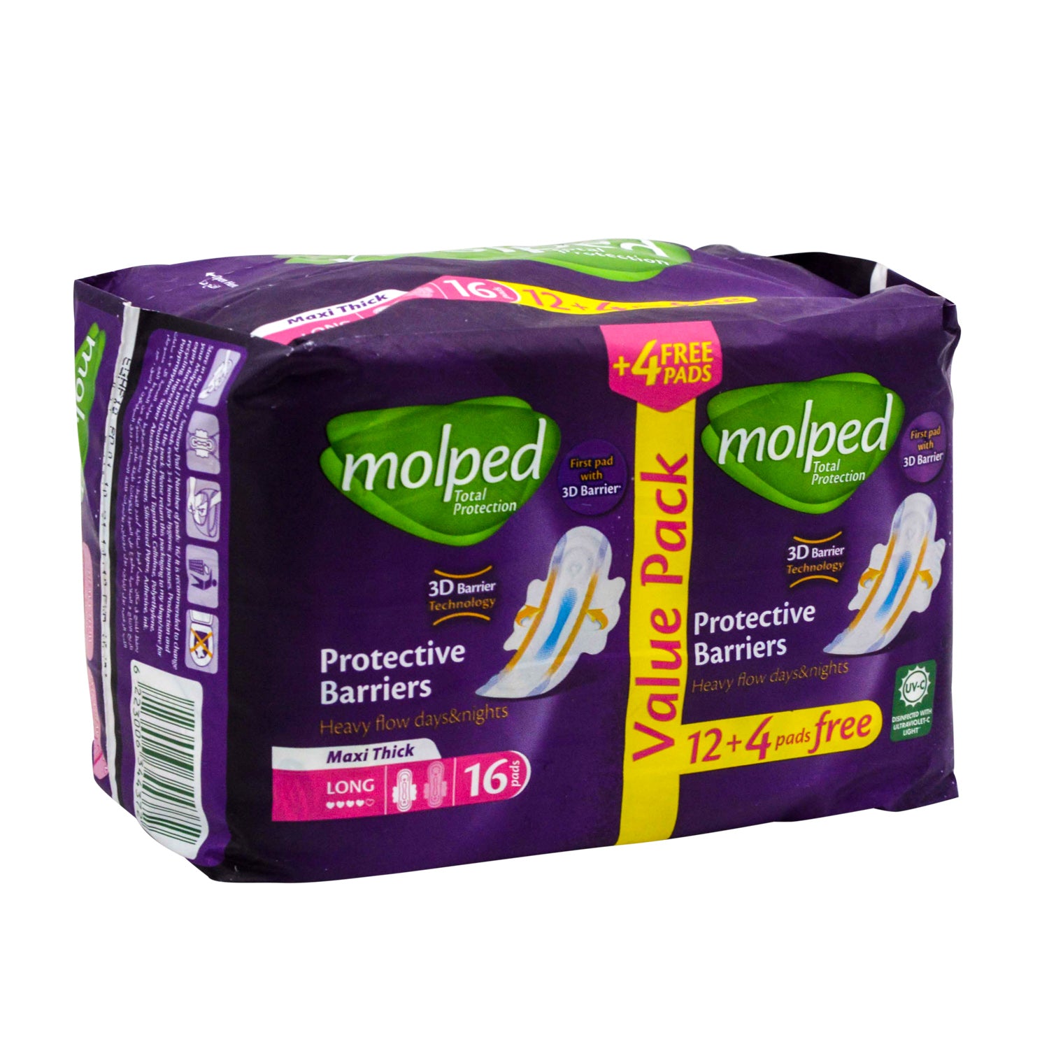 Molped Day & Night Heavy Flow Maxi Thick Long Pads with 3D Protective Barriers & Wings (12+4 Free)