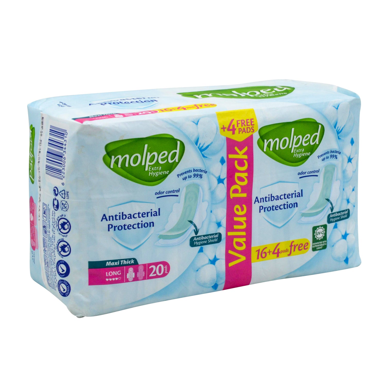 Molped Antibacterial Maxi Thick Long Pads with Wings (16+4 Free)