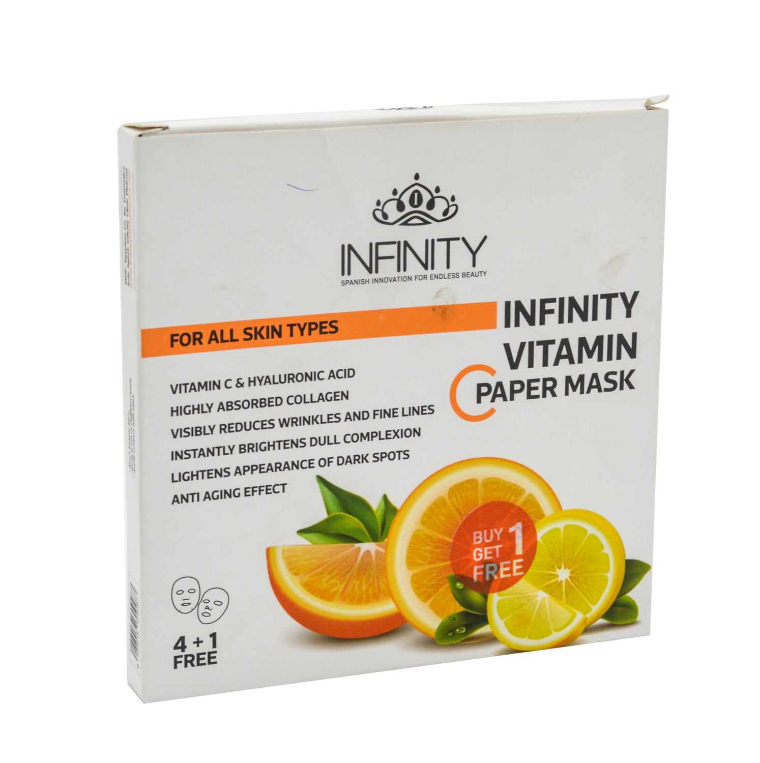 قناع الوجه الورقي إنفينيتي لتفتيح البشرة ومكافحة علامات التقدم في السن، غني بفيتامين سي وحمض الهيالورونيك والكولاجين، مناسب لجميع أنواع البشرة.