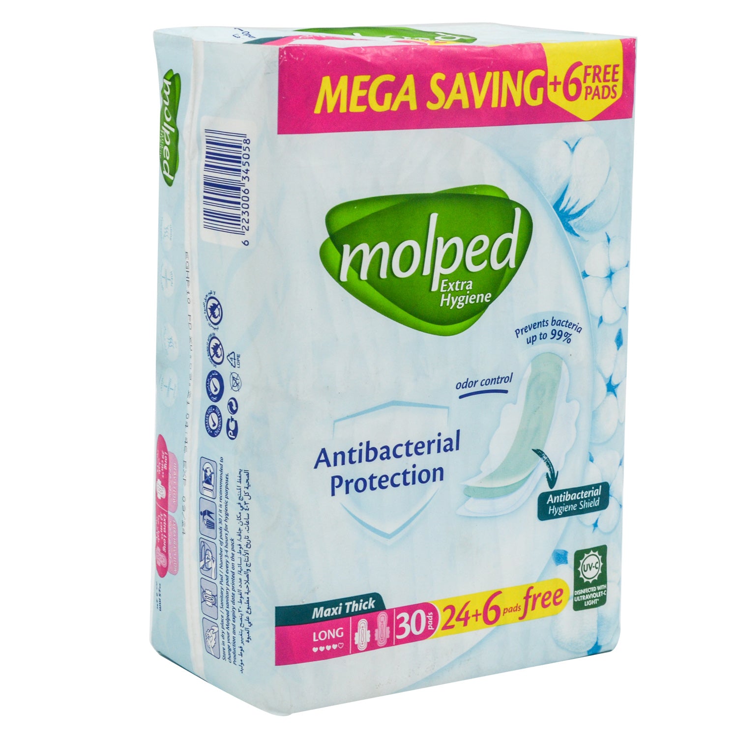 Molped Extra Hygiene Antibacterial Maxi Thick Long Pads with Wings (24+4 Free) - parabens free, chlorine free