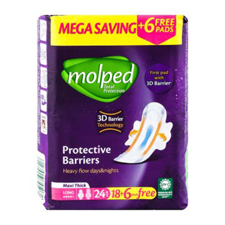 Molped Day & Night Heavy Flow Maxi Thick Long Pads with Wings (18+6 Free)
