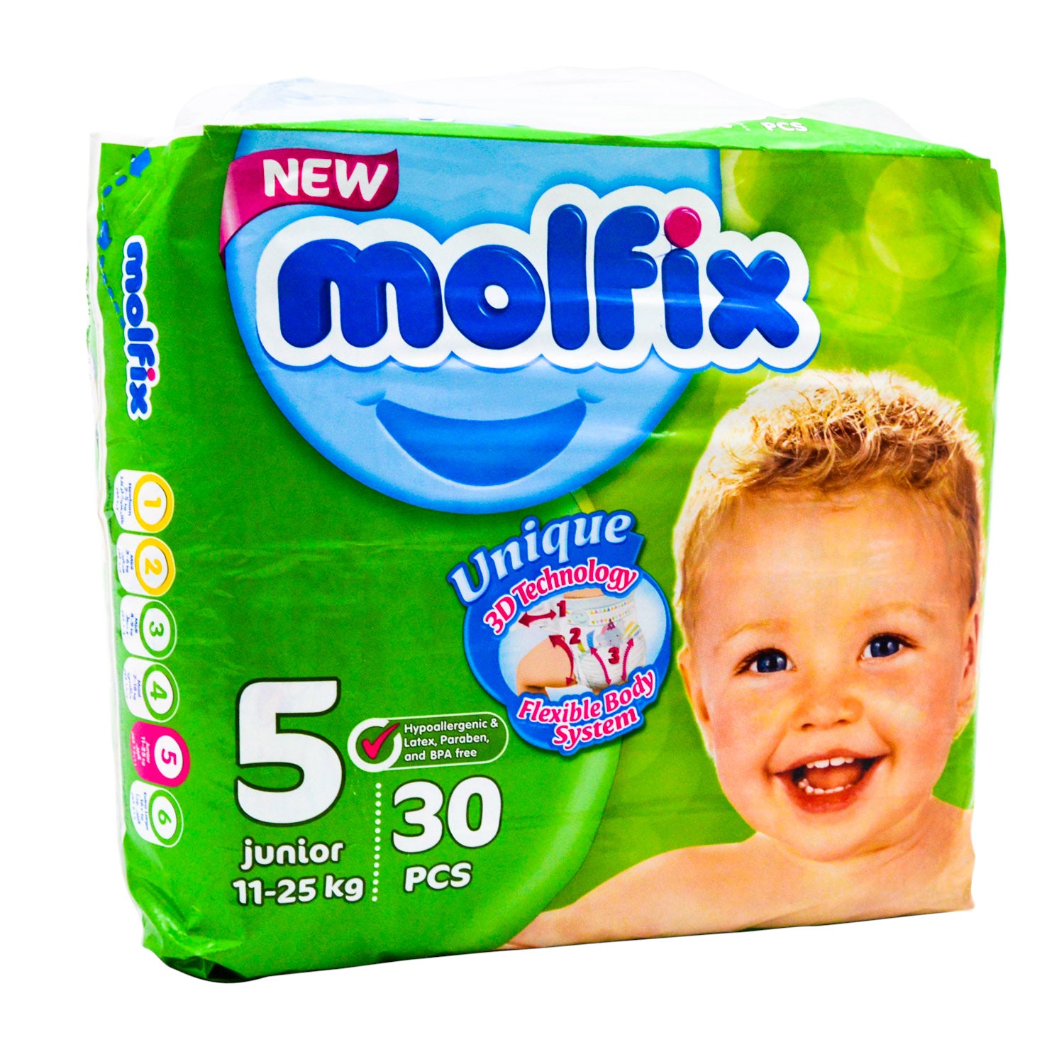 حفاضات مولفيكس للأطفال الصغار مضادة للحساسية، مقاس 5 (11-25 كجم) - خالية من مادة BPA، وخالية من البارابين، وخالية من اللاتكس